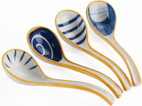 Ceramic Soup Spoons Set of 4 Porcelain Japanese Soup Spoon Long Handle Asian Soup Spoon Sets for Pho Ramen Noodles Wonton Dumpling Rice (Model 1#)...