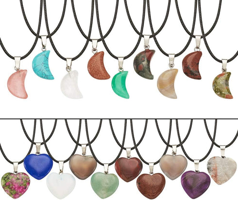 FASHEWELRY 20Pcs Random Crescent Moon Heart Chakra Stone Pendants Healing Crystal Gemstone Charms & 20Pcs Black Waxed Cotton Necklace Cord & 1Pc V...