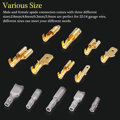 Twidec/640Pcs 2.8/4.8/6.3mm Quick Splice Male and Female Wire Spade Connector Crimp Terminal & Bullet Connectors Terminals Crimp Block Kit Golden ...