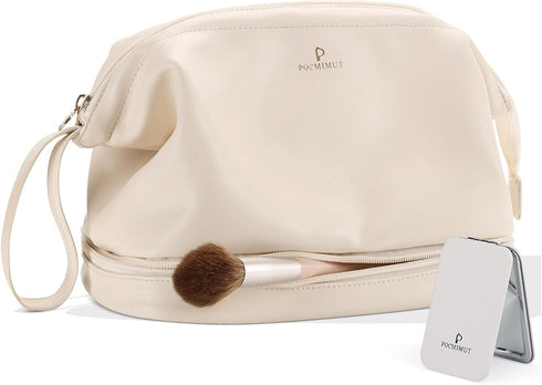 Pocmimut Makeup Bag, Leather Make Up Bag Travel Cosmetic Bags for Women, Large Wide-open Makeup Bag Double Layer Toiletry Bag Make Up Organizer Ca...