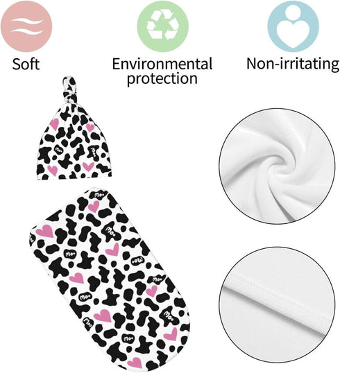 Cow Print Pink Heart Baby Stuff Newborn Swaddle and Hat Set Stretchy Soft Funny Baby Receiving Blanket Gifts for Infant Baby Boy Girl...
