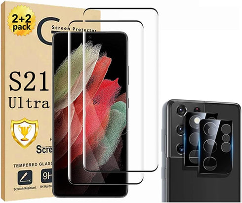 Galaxy S21 Ultra Screen Protector, 2 Pack Tempered Glass Screen Protector?2+2 Pack? 2 Pack Tempered Glass Camera Lens Protector, 3D Glass 9H Hardn...