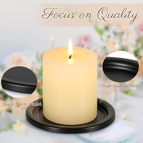 Black Iron Plate Candle Holder- Set of 4 |3.8" D x 0.2" H| Decorative Iron Pillar Candle Plate, Elegant Candle Stand for LED & Wax Candles, Incens...