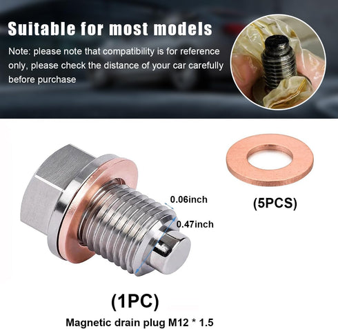 M12x1.5 Magnetic Oil Drain Plug, Stainless Steel Sump Drain Nut Bolt with 5 Crush Gaskets, Leak-proof Vehicle Engine Oil Drain Plug Replacement, U...