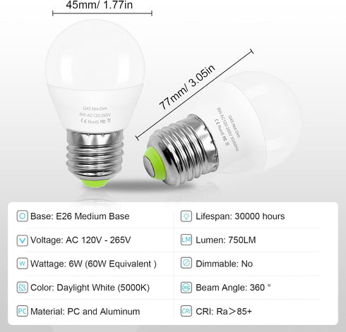 6W E26 Small Globe LED Bulb 60W Equivalent G45/A15 E26 Standard Screw Base 120V-265V Frosted Daylight White 750LM Waterproof for Fridge Light Pend...