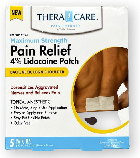 24-911 TheraCare Pain Relief 4% Lidocaine Patch, for External Use Only, Simple Adhesive Application, Odor-Free, Five 3.93" x 5.5" Individually Wra...