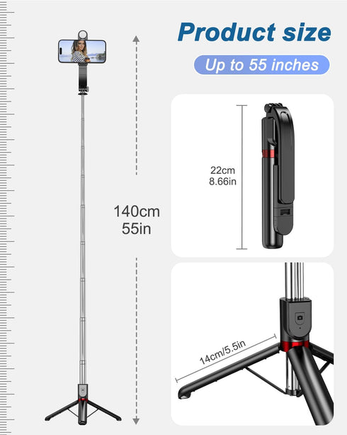 55" Phone Tripod & Selfie Stick,Cell Phone Tripods Stand with Wireless Remote,Phone Holder with Detachable Light, for iPhone 14 13 12 pro Xr X 8Pl...
