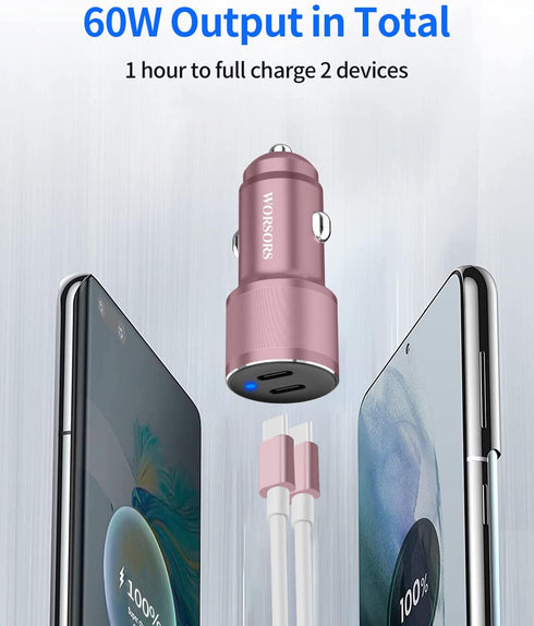 Dual USB C Car Charger, 60W PD (30W + 30W) Super Fast Charging Adapter Metal for iPhone 15 Pro Max, Samsung Galaxy S24 Ultra/S24 Plus/S24/S23/22+/...