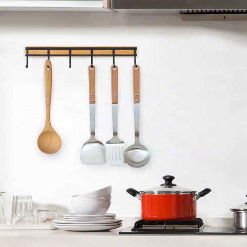 Kitchen Utensil Rack, Wall Hooks Rack Kitchen Rail, Wall Mounted Accessory Hanger with 6 Hooks for Kitchen Bathroom Bedroom, Pack of 2...