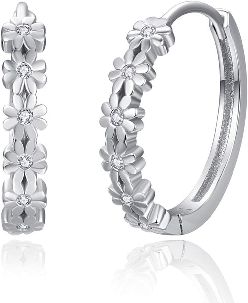 KINGWHYTE Daisy Hoop Earrings 925 Sterling Silver Lucky Flower Earrings Small Huggie Earrings Daisy Fashion Jewelry Gifts for Women...