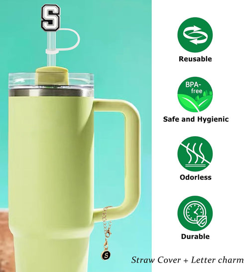?3 +3) 3PCS Nuozme Straw Cover 10mm For Stanley Tumbler Cup Reusable Straw Cap Topper with 3 Initial Letter Charms Accessories Name ID Personalize...