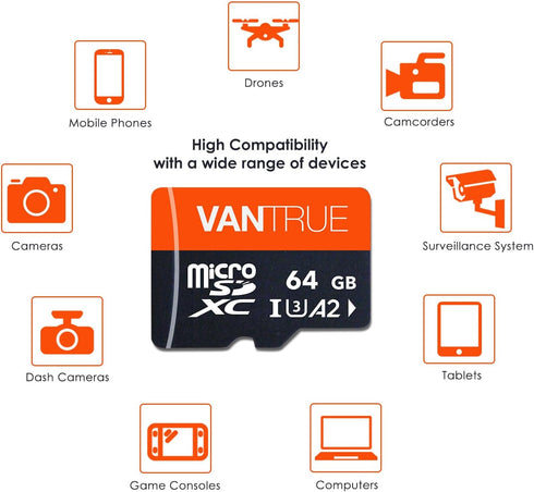 Vantrue 64GB microSD Card with Adapter, U3 UHS-I High Speed SD Card for Dash Cams & Home Security System Video Cameras...
