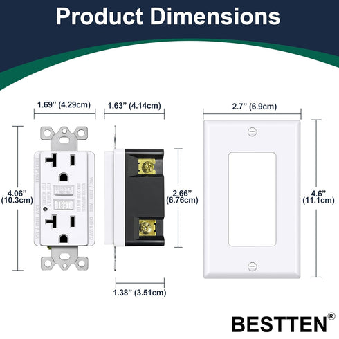 BESTTEN GFCI Outlet 20 Amp, GFI Electrical Receptacle with LED Indicator, 20A Non-Tamper-Resistant Ground Fault Circuit Interrupter, Wallplate Inc...