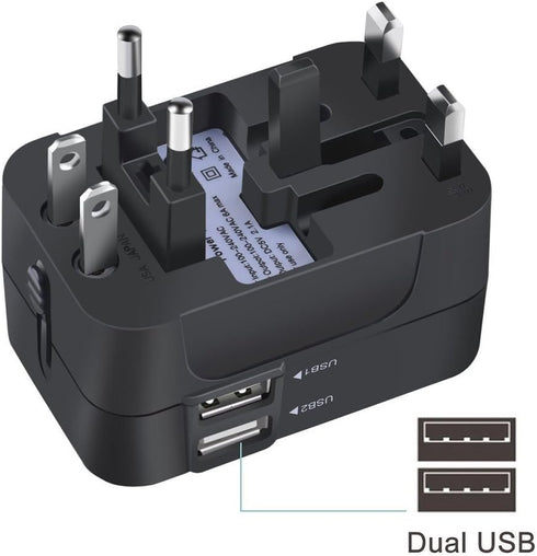 Travel Adapter, JOOMFEEN Worldwide All in One Universal Power Wall Charger AC Power Plug Adapter with Dual USB Charging Ports for USA EU UK AUS Ce...