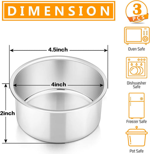 P&P CHEF 4 Inch Round Cake Pan Set of 3, Stainless Steel Round Baking Layer Pans Bakeware for Layer Birthday Cake, Fit Oven/Pots/Pressure Cooker, ...