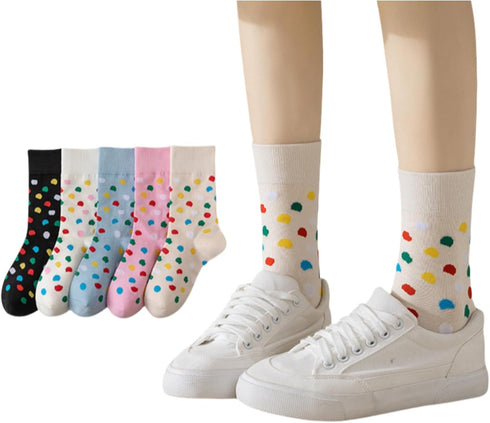 Polka Dots Socks Women Colorful Dots Cotton 5 Pairs Mid-calf Crew Socks Cute Breathable High Ankle...