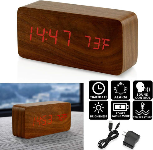 OCT17 Wooden Digital Alarm Clock, Multi-Function Smart Alarm Clock, LED Light Alarm Clock with USB Power Supply, Voice Control, Thermometer - Brow...