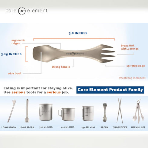 Core Element TITANIUM SPORK 3-in-1 Lightweight Eco-friendly Durable Spoon-Fork-Knife Survival Utensil Tool Perfect for Camping, Home, Travel (Pack...