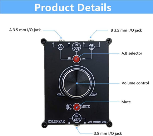 2 in 1 out 3.5mm Stereo audio switch box, Audio source signal selector, 2 way speaker switcher...