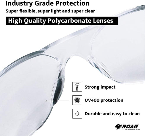 ROAR Men's Flexible Safety Glasses, Clear, 12 Pairs Per Box, ANSI Z87+ Certified, UV Protection, Comfortable, Durable, Impact Resistant...