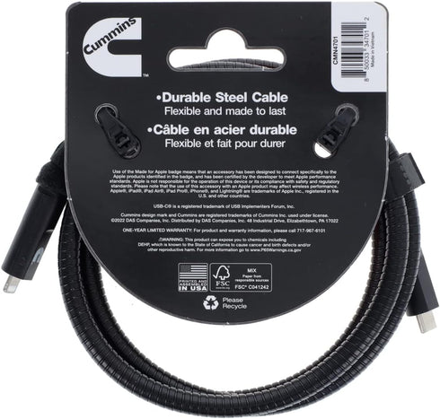 Cummins Steel Braided USB-C(R) Lightning(R) Charging Cord HD Steel Compatible with Apple(R) Devices 4ft CMN4701...