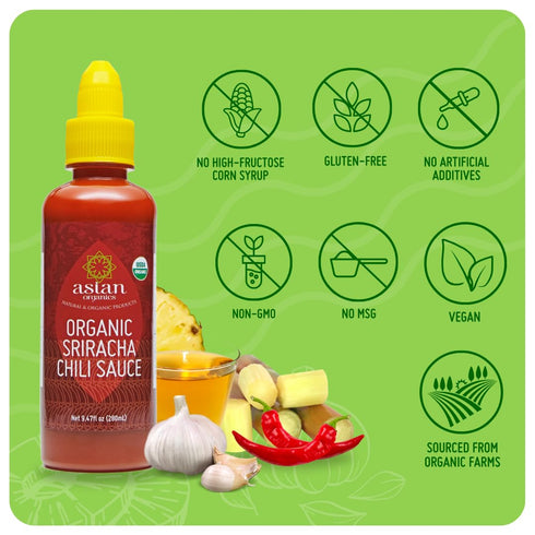 Asian Organics Sriracha Hot Chili Sauce - Organic Sriracha Sauce - USDA Certified 100% Asian Hot Sauce, No MSG, Non-GMO, Gluten Free Organic Hot S...