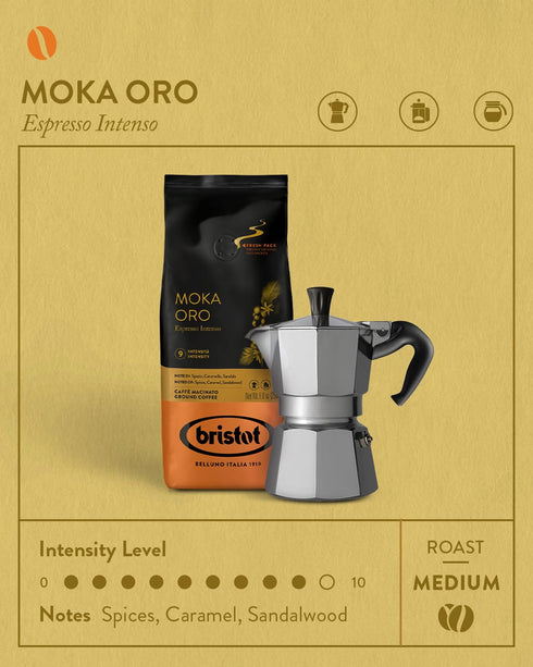 Bristot Moka Oro Ground Coffee | Italian Ground Espresso | Medium Roast | For Moka, French Press, Pour Over | 8.8oz/250g...