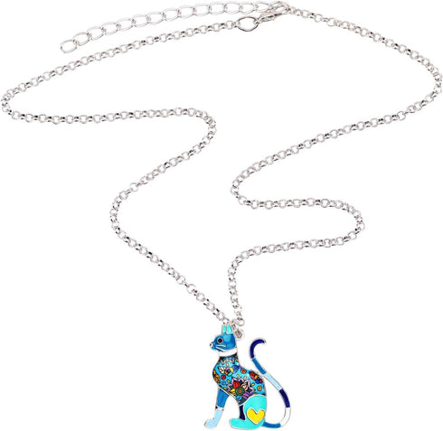 BONSNY Statement Enamel Alloy Chain Cat Necklaces Pendant Original Design For Women Jewelry Gift Charms (Blue)...