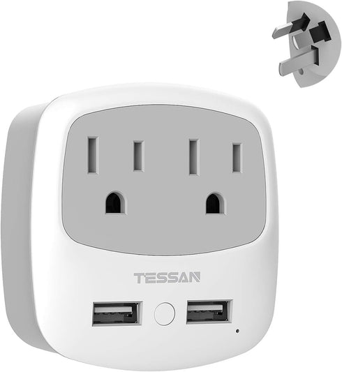 TESSAN New Zealand Australia Plug Adapter, Type I Travel Adaptor with 2 USB Ports 2 American Outlets, US to Australian AU Fiji Argentina China Cha...