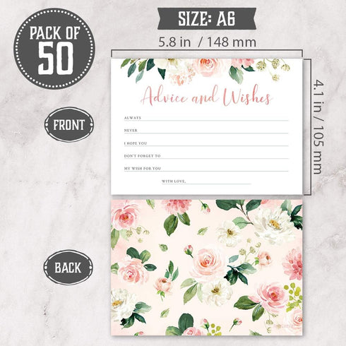 Set of 50 Advice and Wishes Cards - Double Sided Floral Cards, Perfect for the Bride and Groom, Baby Shower, Bridal Shower, Wedding Shower, Gradua...