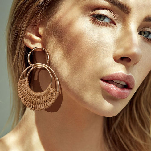 4 Pairs Handmade Raffia Rattan Bohemian Round Drop Dangle Earrings for Women, Boho Statement Cute Fun Hoop Earrings Set...