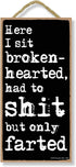 Honey Dew Gifts, Here I Sit Broken Hearted Only Farted, 5 inch by 10 inch Hanging Funny Bathroom Signs, Wall Art, Decorative Wood Sign Bathroom De...