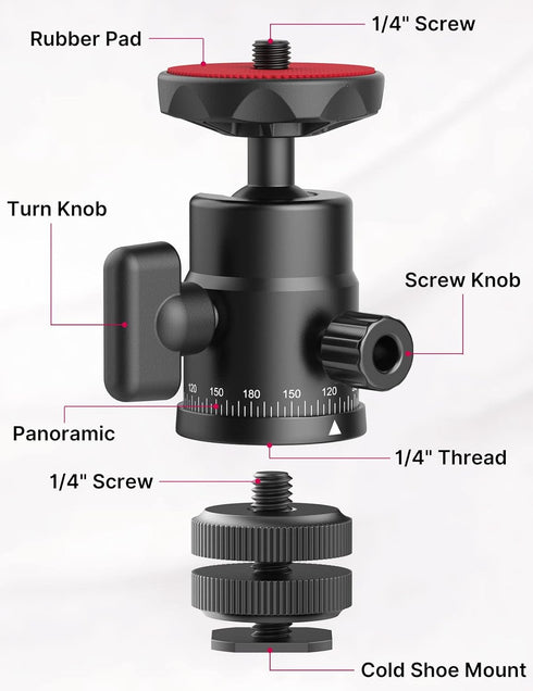 Mini Ball Head, ULANZI H28 Panoramic Tripod Head + Dual Hot Shoe Mount DSLR Camera Mount Adapter Photograph Attachment Accessories for Gopro Cam C...