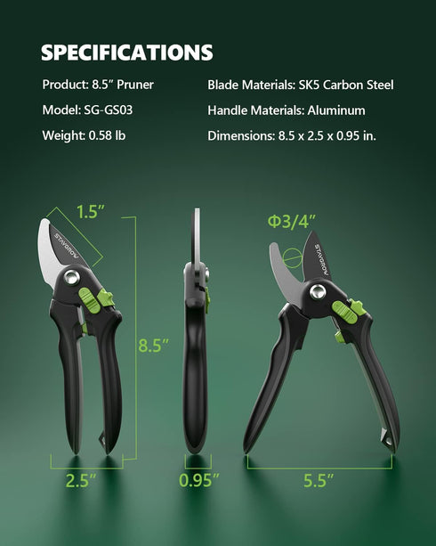Pruning Shears for Gardening - 8.5" SK5 Garden Shears Cuts 10000+ Times Staying Sharp - Garden Scissors with One-handed Unlocking & Adjustable Han...