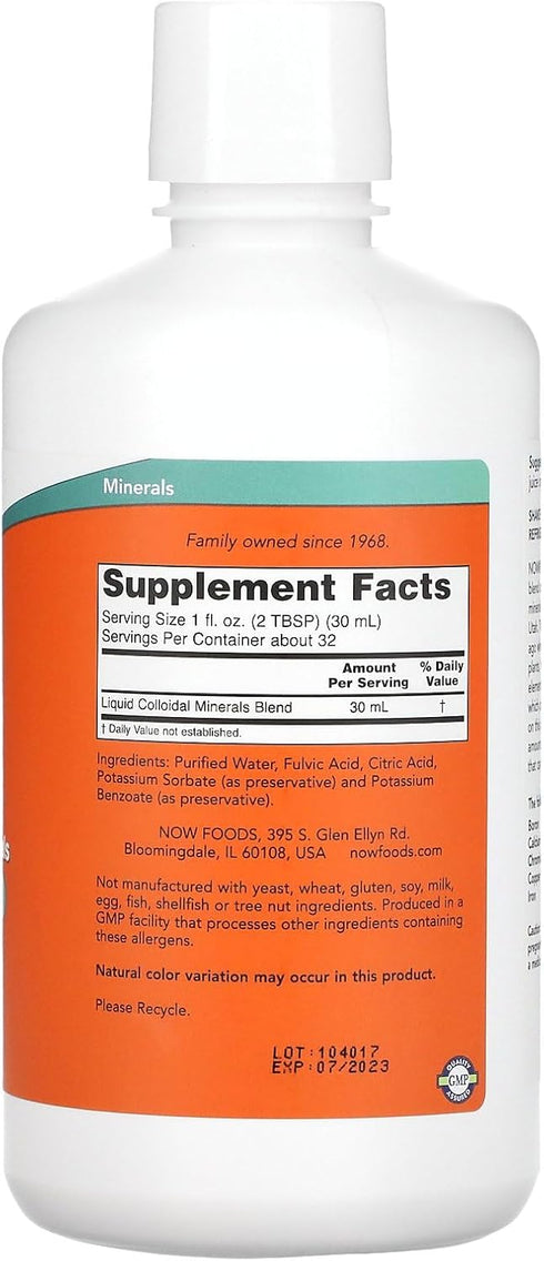 NOW Supplements, Colloidal Minerals Liquid, Plant Derived, Essential Trace Minerals, 32-Ounce...