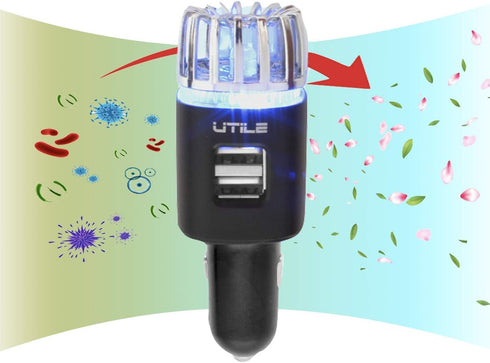 UTILE Car Ionizer Odor Eliminator Purifier with Dual USB Charger – Ionic Air Freshener| 2.1A/0.8W USB Charging for Phone, Tablet and Other Devices...