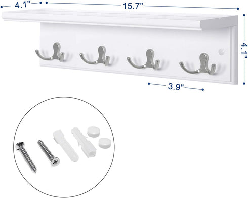 SONGMICS Entryway Hanging Coat Rack, Wall-Mounted Wooden Shelf, with 4 Double Hooks, Wall Floating Shelf, White ULHR42WT...