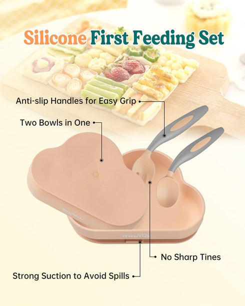 SUPERMAMA Suction Silicone Baby Feeding Set, 2 in 1 Baby Silicone Suction Bowls and Spoons, BPA Free, Infant Babies and Toddler Self Feeding Led W...