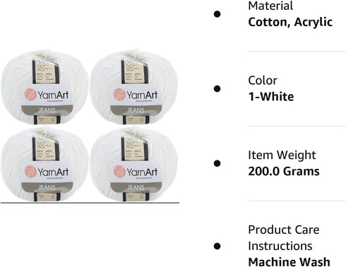 4 Skeins YarnArt Jeans 55% Cotton 45% Acrylic Yarn Blend Thread Crochet Hand Knitting Art Lot of 4skn 200 gr 696 yds (1-White)...