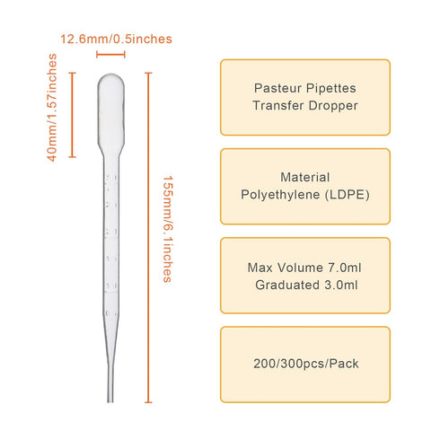 Disposable Transfer Pipettes Dropper 3ml Plastic Pasteur Pipette Calibrated Lab Pipettes, Low Density Polyethylene (LDPE), Pack of 200...