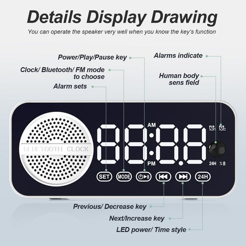 Digital LED Alarm Clock with Wireless Speaker, Dual Alarm Clocks for Bedroom/Heavy Sleepers/Adult/Teens, Bluetooth Speaker Support TF Card Playbac...