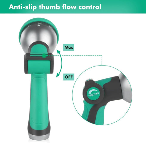 RESTMO Hose Nozzle Heavy Duty, Metal Water Hose Sprayer for Garden, 10 Spray Patterns, Thumb Flow Control, On/Off Valve, for Outdoor Lawn & Plant ...