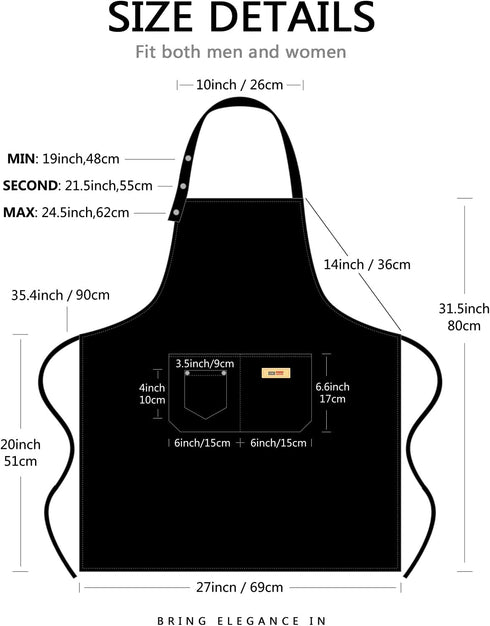Adjustable Button Apron for Women Men Artist Painting Pottery Garden Cooking Kitchen Chef 3 Pockets Waterproof M-XXL...