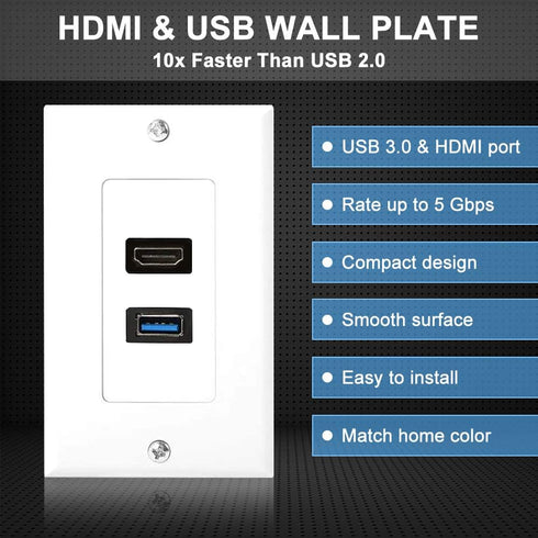 ZEXMTE HDMI and USB 3.0 Wall Plate HDMI Wall Charger Outlet Mount Socket Face Plate Panel Cover, USB & HDMI Port for High-Speed Charging, Wall Fac...