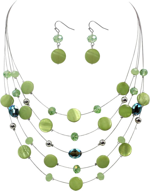 Multi Layered Shell Illusion Necklace Earring Set Colorful Chunky Beads Necklace for Women Gifts...