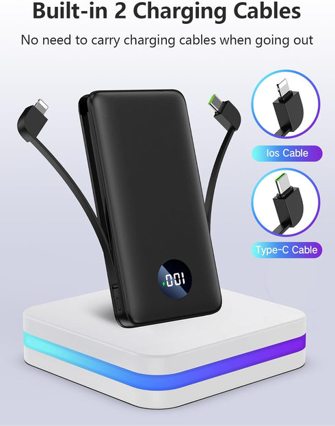 Portable charger12000mAh External Battery Packs,Ultra Slim Small Power Bank Compact with Built-in Cables,22.5W USB C Fast Charging LCD Display Clu...