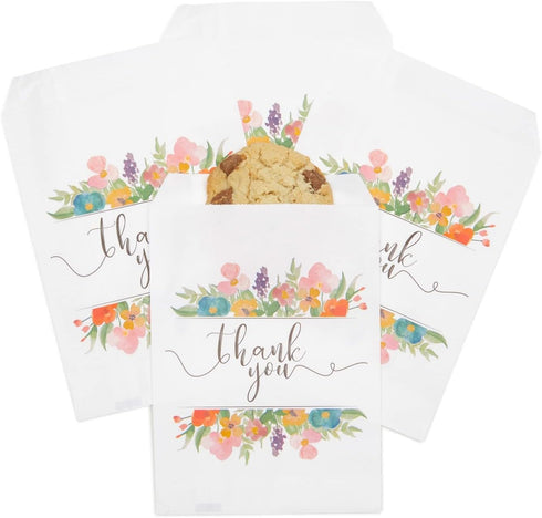 100 Pack Paper Cookie Bags - 7.5 x 5 Inch for Party Favors, Treats and Candy; Wedding Individual Bag with Floral Thank You Design & Mini Gift Pouc...