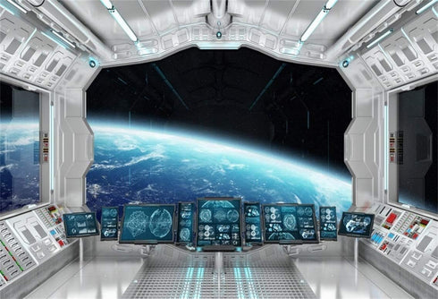 Leyiyi 5x3ft Spaceship Interior Backdrop 3D Universe Workshop Outer Space Travel Science Explore Station Earth Vista Photo Background Cowboy Kids ...
