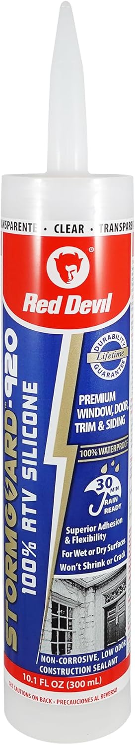 Red Devil 0787 StormGuard 920 100% RTV Silicone Window and Door Sealant, A Water-Resistant Adhesive for Interior and Exterior Use, 10.1 oz. Tube, ...