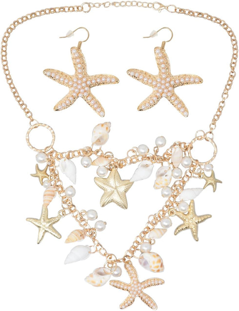 Honbay 1PCS Fashion Starfish Shell Conch Faux Pearl Choker Necklace Statement Chunky Necklace and 1 Pair of Starfish Dangle Drop Earrings with Pea...